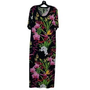 G.I.L.I Black Floral T-Shirt Shift Maxi Dress L Stretchy Tropical Vacation Vibes